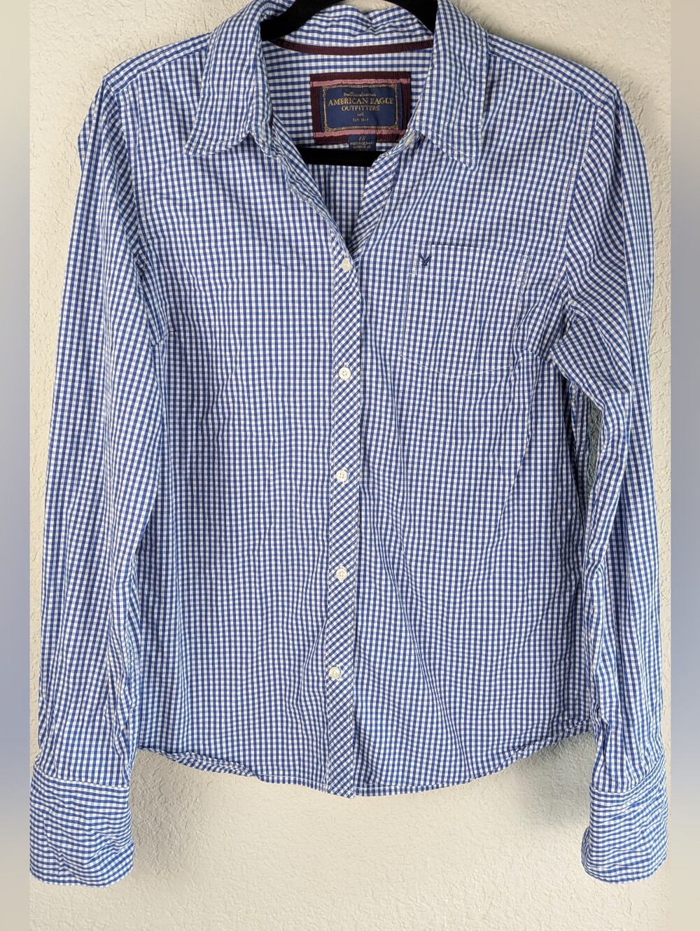 American Eagle Cotton Button Down Shirt Size 12 Light Stretch Blue Plaid LS